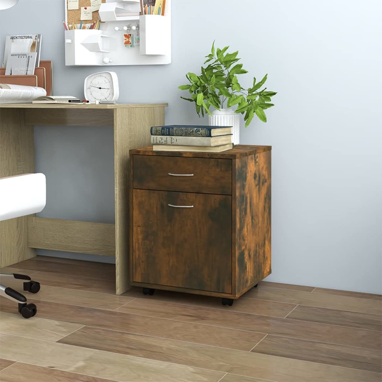 Armadietto con Ruote Rovere Fumo 45x38x54 cm Legno Multistrato,Carrello Porta Stampante, Mobiletto con Ruote, Supporto per Stampante in Legno, Classificatore per Documenti per Studio, Ufficio