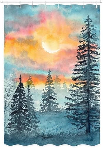 Watercolor Forest Camper Rv Shower Curtain For Travel Trailers Bathroom, Blue And Grey Woodland Tree Country Camping Fabric Shower Curtains Set, Natural Landscape Decor Accessories With Hooks 47X64 #TOP2