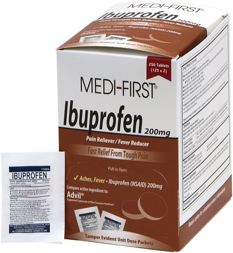 Medi-First - 267571 Ibuprofen, 200mg Ibuprofen Per Tablet, Box of 250 (125 packets/2 Tablets)