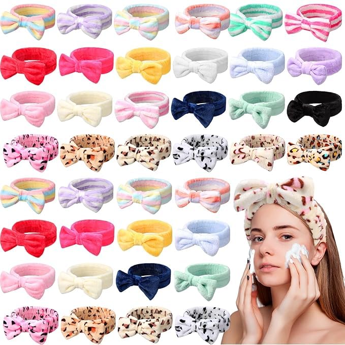 48 diademas de spa a granel con lazo para el cabello, diademas de maquillaje facial, diadema de felpa esponjosa para mujer, lavado de cara, spa, ducha, limpieza (bonito patrón)