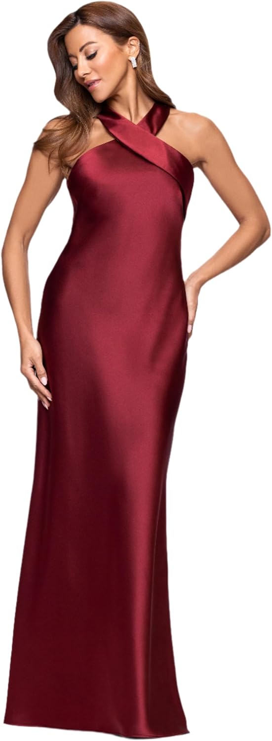Xscape Women's Floor Length Satin Halter Gown with Crisscross Neckline, Tie Back Sash and Sheath Silhouette