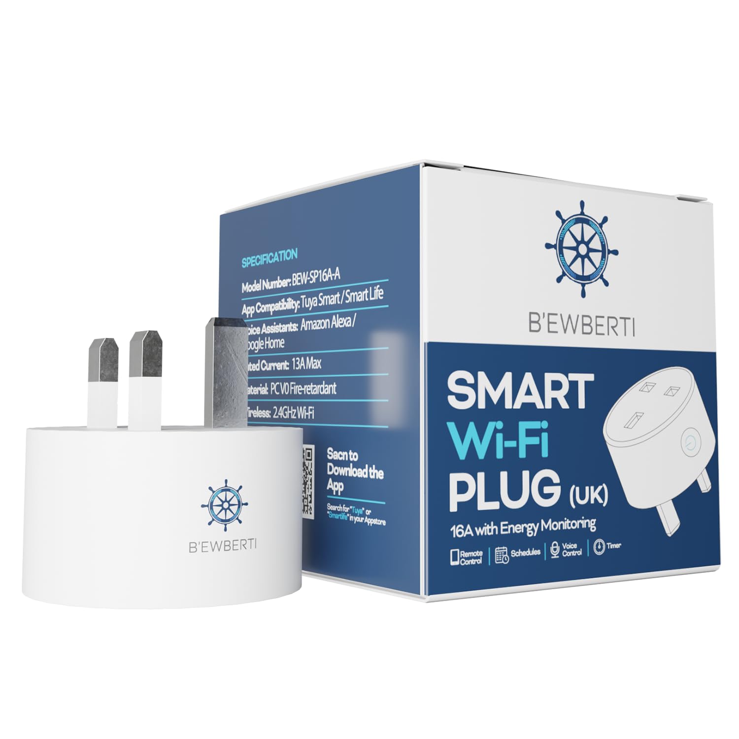 16A Smart Wi-Fi Plug UK with Energy Monitoring – Alexa & Google Assistant, App Control via Tuya / Smart Life