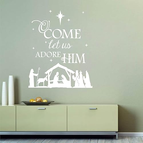 Miniatura 1 de Vinilo adhesivo de pared con texto en inglés "Come Let Us Adore Him with Nativity", para sala de estar, dormitorio, Navidad, versículo bíblico,