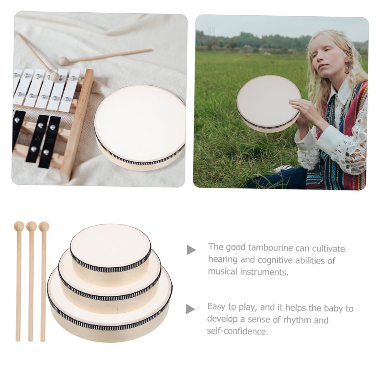 Tambores De Mano De Madera para Adultos 3 Piezas (6 , 8 , 10 ) Instrumento Pandereta Profesional Percusión Educativa para Desarrollo Rítmico y Aprendizaje Musical