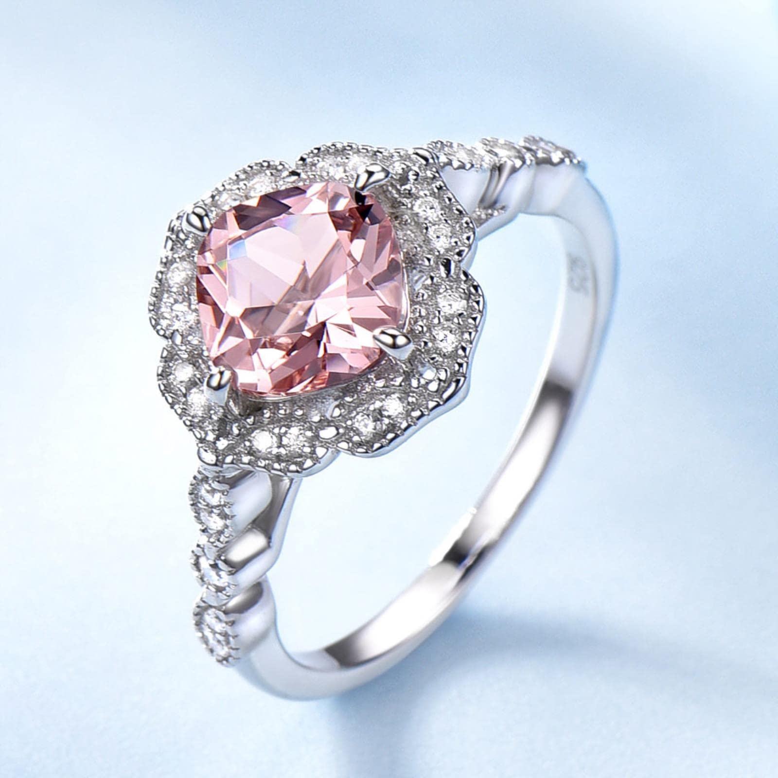 2 Unids/Set Creado Nano Morganite 925 Anillos De Plata Esterlina Encanto Flor Anillo De Plata Conjunto para Mujeres Joyería Fina