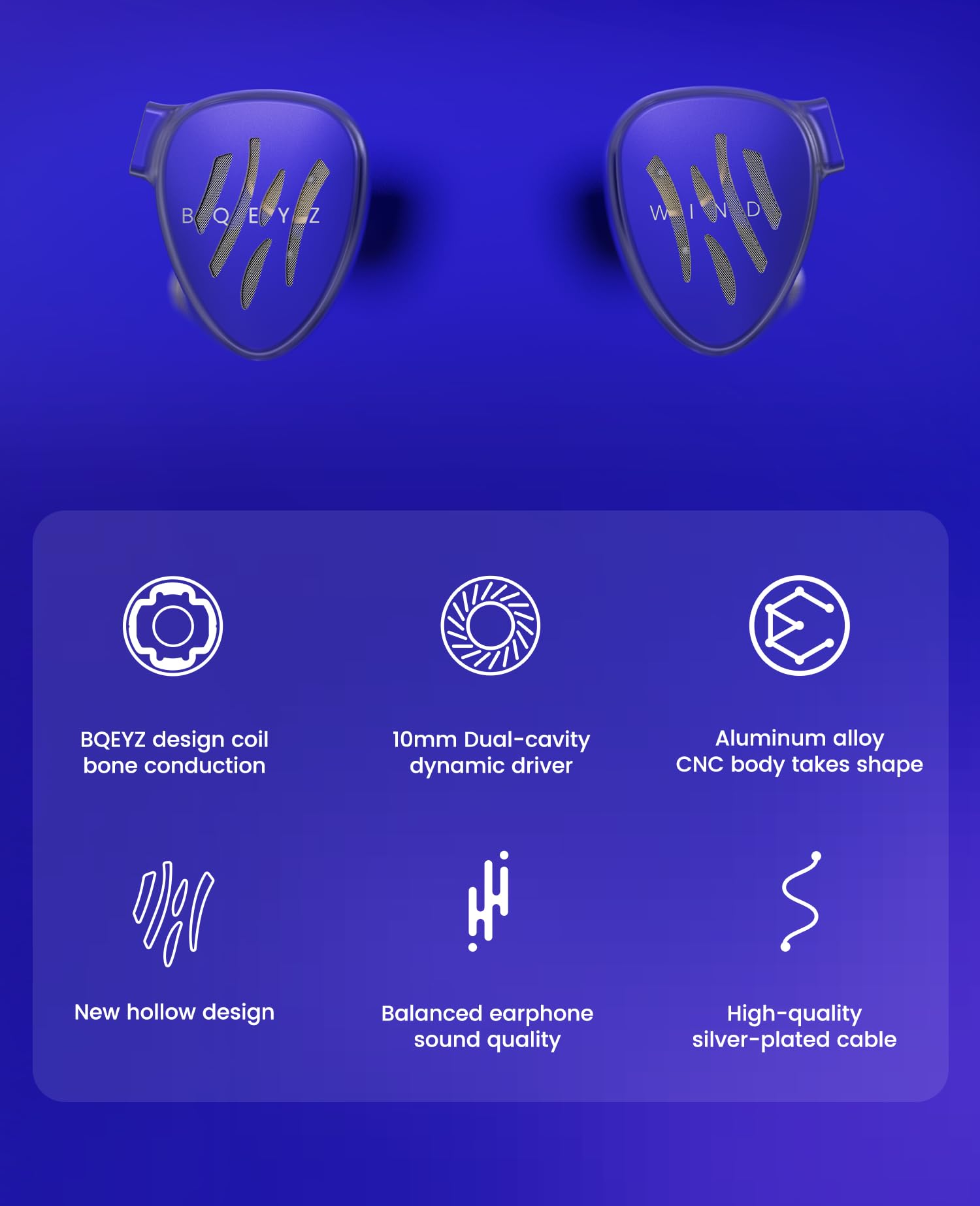BQEYZ Auricolari in-ear ibridi a conduzione ossea con bobina eolica e monitor in-ear da 10 mmDD, bassi profondi, con cavo, per musicisti e audiofili (blu, 4,4 mm)
