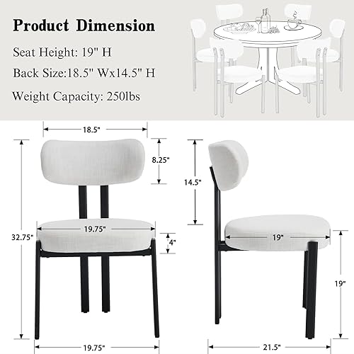 Miniatura 2 de Juego de 2 sillas de comedor modernas, sillas laterales tapizadas de tela de lino, sillas de invitados con respaldo curvado, patas de metal para