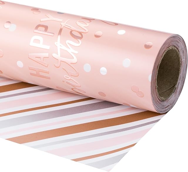 LeZakaa Reversible Birthday Wrapping Paper Roll - Happy Birthday Lettering & Stripe Design with Metallic Foil in Pink - 17 inches x 32.8 Feet (46.45 sq.ft.)