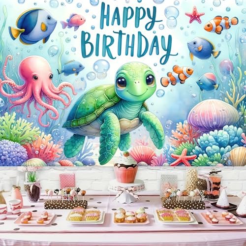 Image of HOMETITUTE Under the Sea Birthday Banner 71x43 Inch Turtle Party Decor