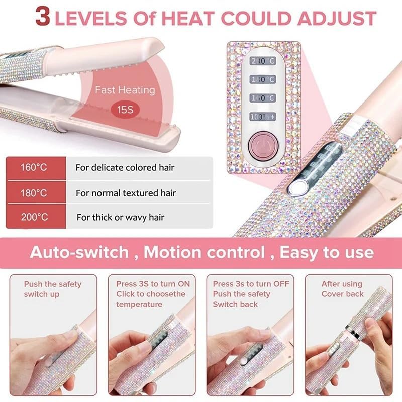 Alisador inalámbrico 2 en 1 con diamantes de imitación eléctrico USB mini cepillo alisador de pelo, calor rápido, antiquemaduras, alisador de pelo para mujeres