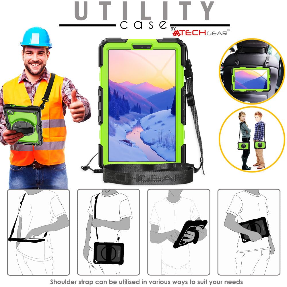 TECHGEAR UTILITY Etui pasuje do Samsung Galaxy Tab A9 22.1 cm (SM-X110 / SM-X115), wytrzymałe, wytrzymałe etui odporne na wstrząsy, z obrotowym stojakiem 360, paskiem na rękę i paskiem na ramię,