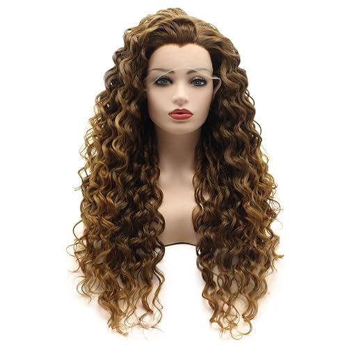 Cabello rizado largo 26 pulgadas raíz marrón miel rubio ombré medio mano atado sintético encaje frente pelucas