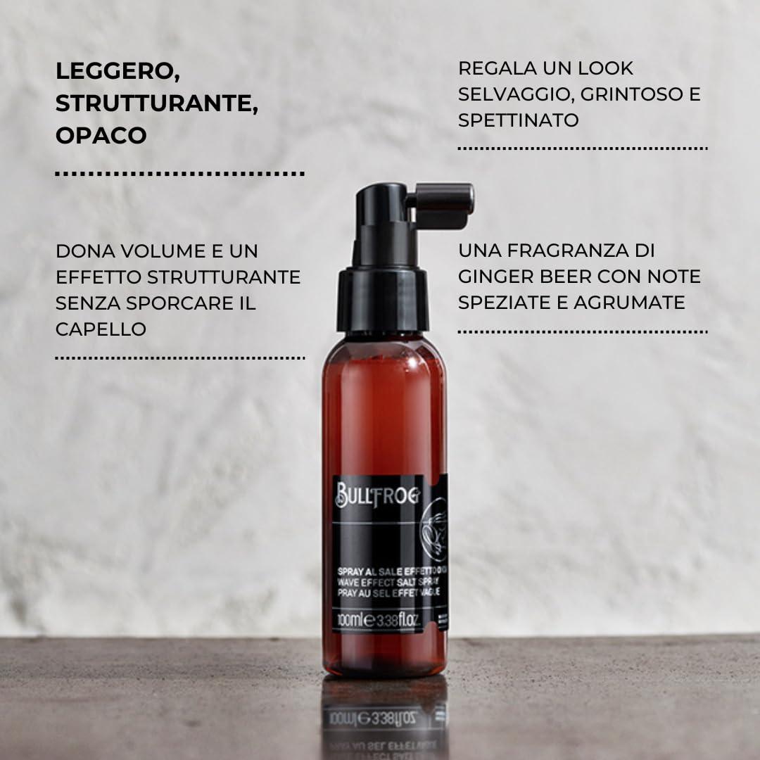 Bullfrog - Spray au Sel Effet Vague : Spray Structurant et Léger pour les Cheveux, Apporte du Volume et Assure un Look Sauvage et Audacieux, 92,5% d'Ingrédients Naturels, 100 ml.