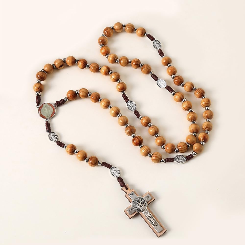 Collana Rosario in Legno di Ulivo con Croce di San Benedetto Collana Donna Elegante in Stile Classico per Occasioni Speciali Idee Regalo Donna