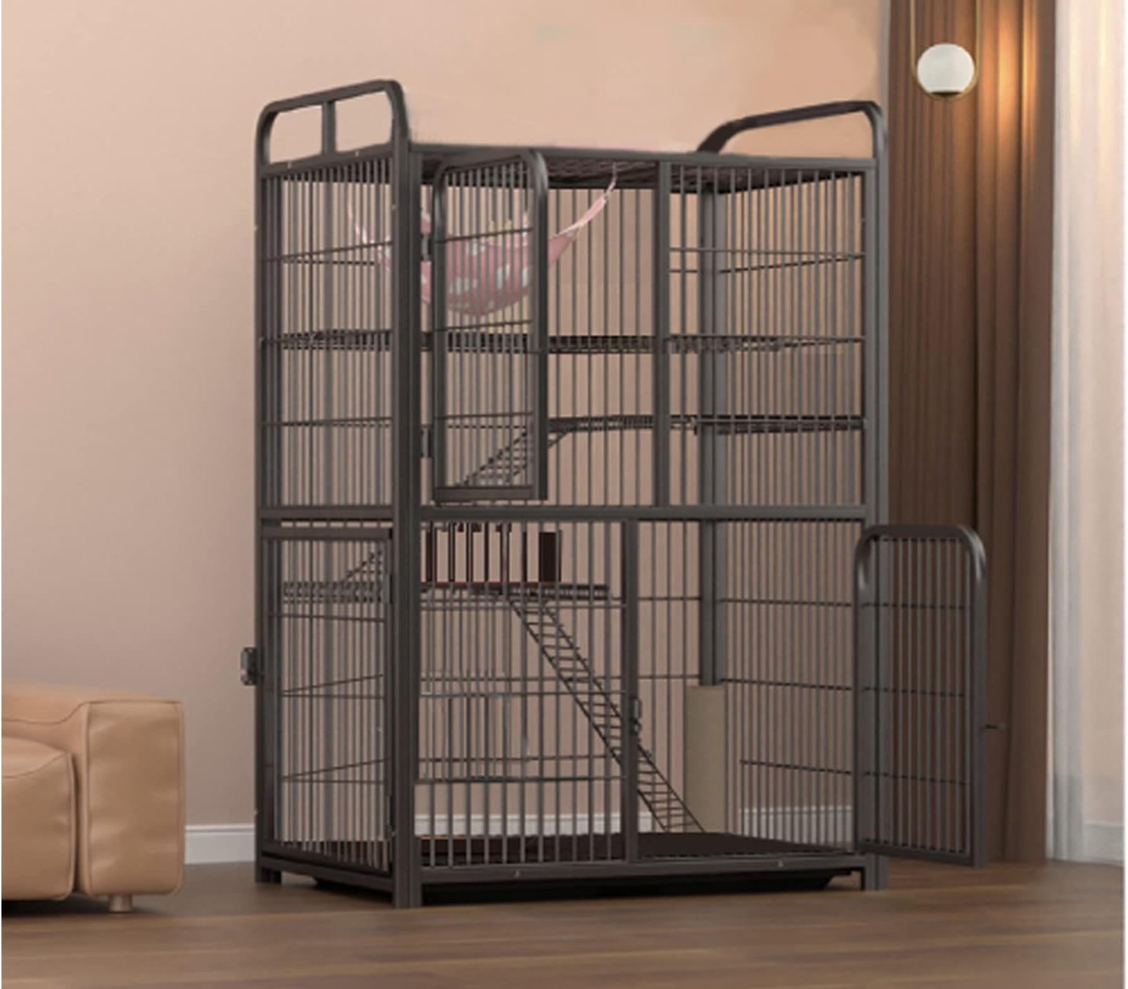 LIMOSPet Cage Playpen Box Kennel Crate with Hammock,Wheels and Removable Tray for Cat,Dog (Black 4-Tiers with shelf)