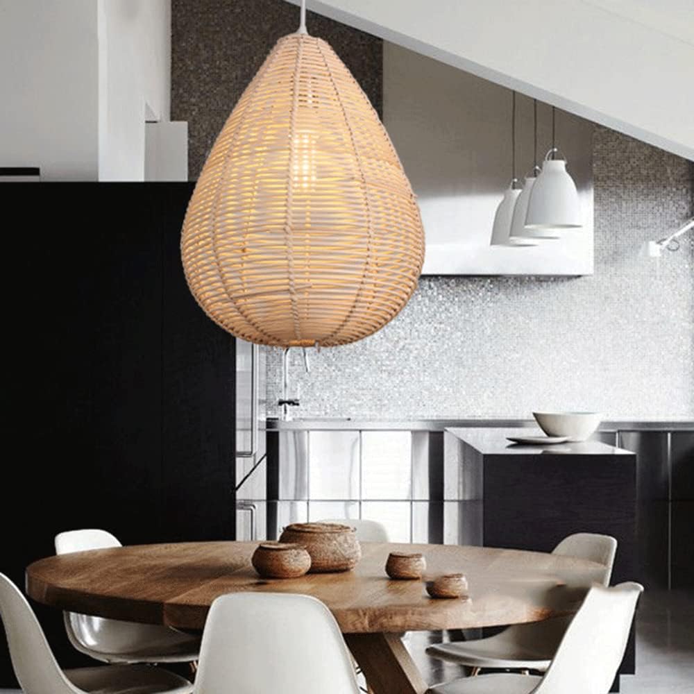 RCIDOS Natural Rattan Droplight Natural Material Wicker Pendant Light Handmade Weave Oval Vine Hanging Light Vintage Pastoral Open Weave Cane Chandelier for Kitchen Island Rustic Corridor