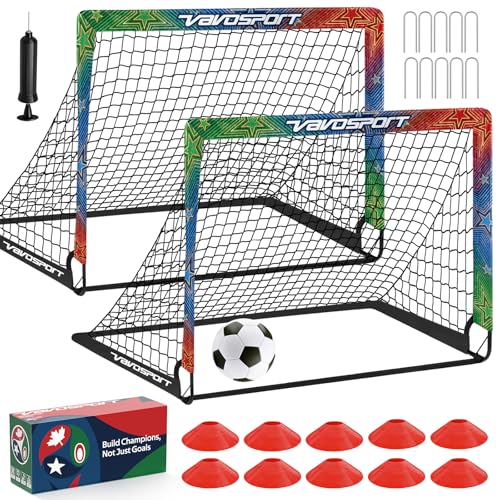 Image of Kids Soccer Goals for Backyard Set, 2 Pack Portable Pop Up Soccer Goal with Soccer Net, Size 3 Soccer Ball, Pump, 10 Cones and Bag, Toddler Soccer Training Equipment for Outdoor Games