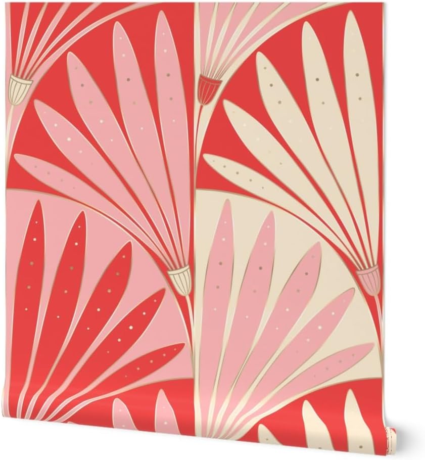 Spoonflower Removable Wallpaper Swatch - Bold Floral Pink Red Geometric Flowers Symmetrical Fan Retro Custom Pre-Pasted Wallpaper