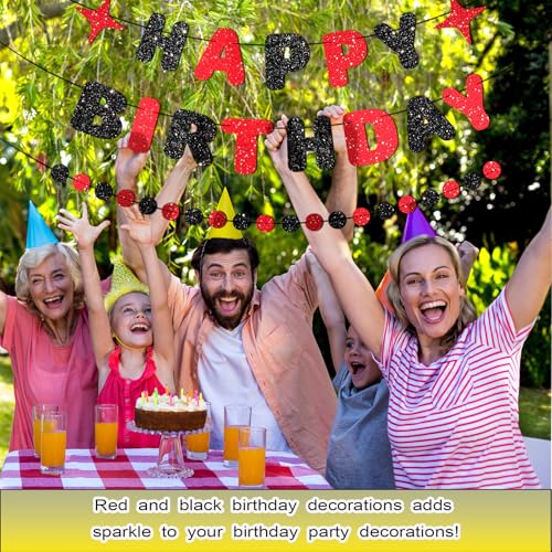 Image of Red and Black Happy Birthday Banner Glitter Garland for Black and Red Decorations Happy Birthday Decorations for Women Men Boys Girls 25th 30th 40th 50th 60th Party Decor