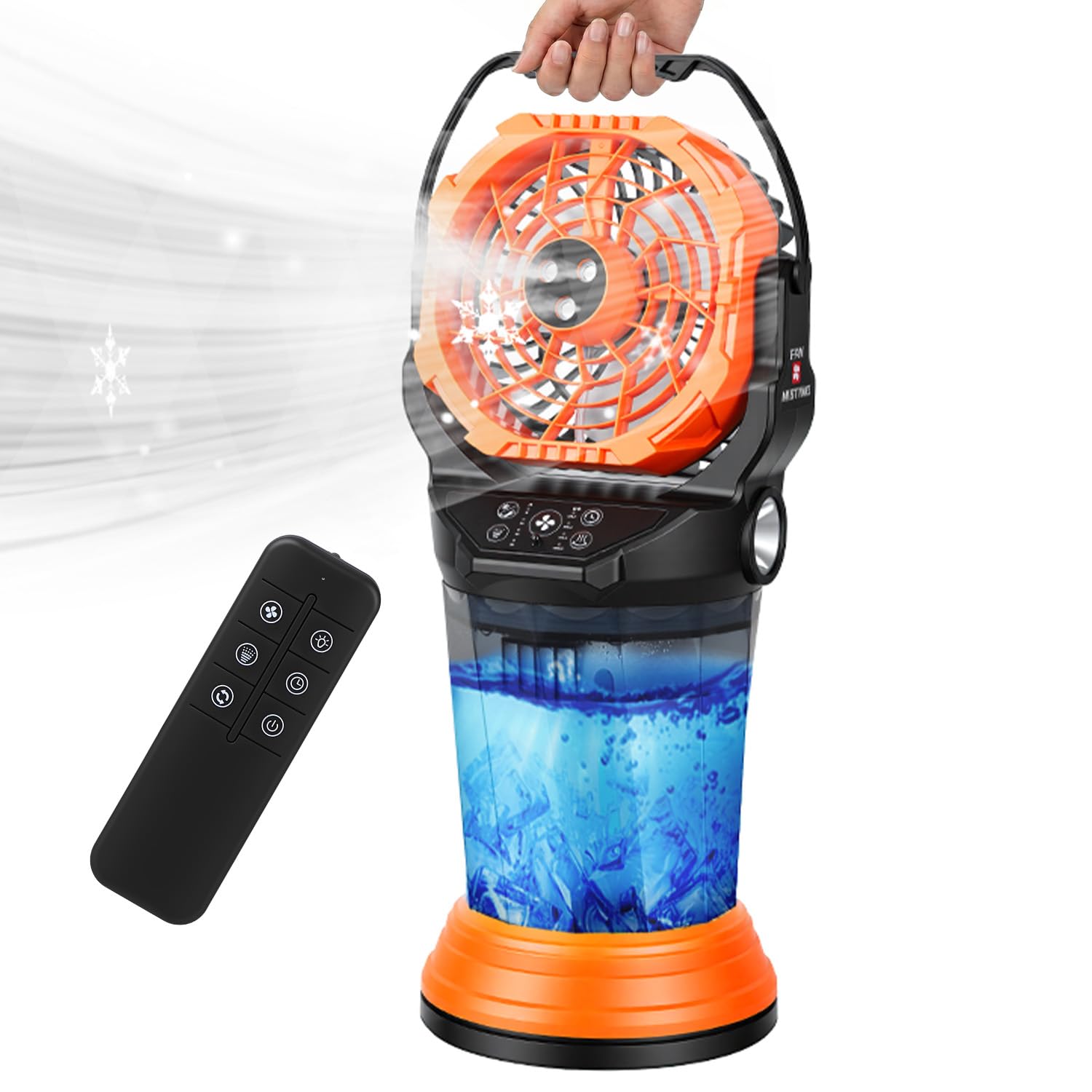Ventilateur brumisateur portable, batterie rechargeable de 20 000 mAh, réservoir d'eau de 2 L, télécommande, oscillation à 120°, 4 vitesses, lanterne LED et lampe de poche, minuterie 2/4/8