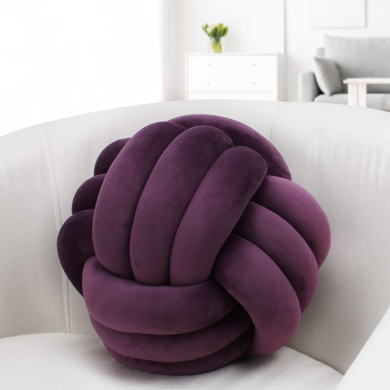 KOGITI Soft Knot Ball Pillows,Round Throw Pillow Cushion Home Decoration,Knotted Pillow Handmade Round Plush Pillow (8.6 Inch, Grape Violet 25)