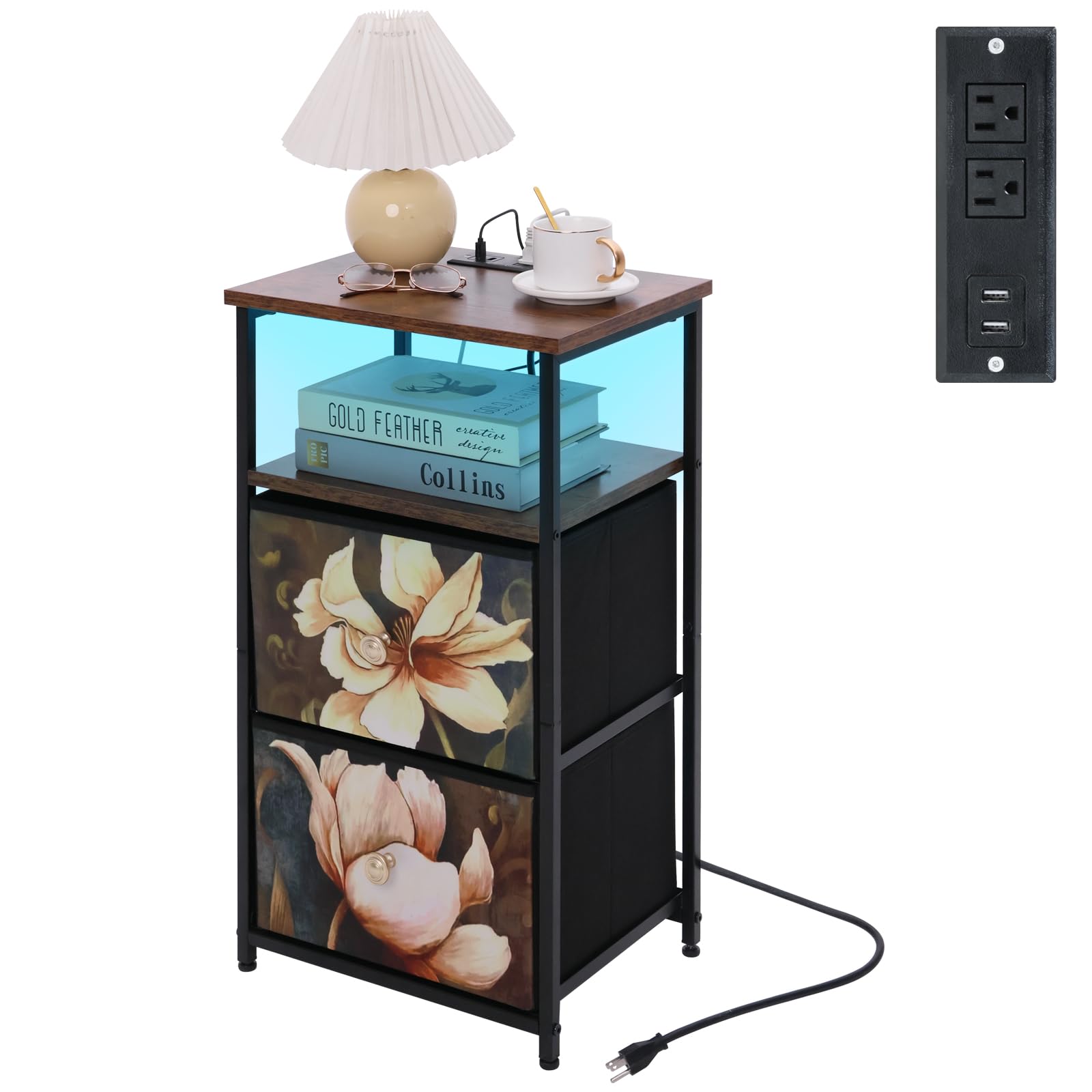 Walmokid Nightstand with Charging Station, LED Bedside Table with USB Ports & Outlets, End Table with 2 Fabric Drawers&Open Shelf, Black Steel Frame for Bedroom, Retro Style