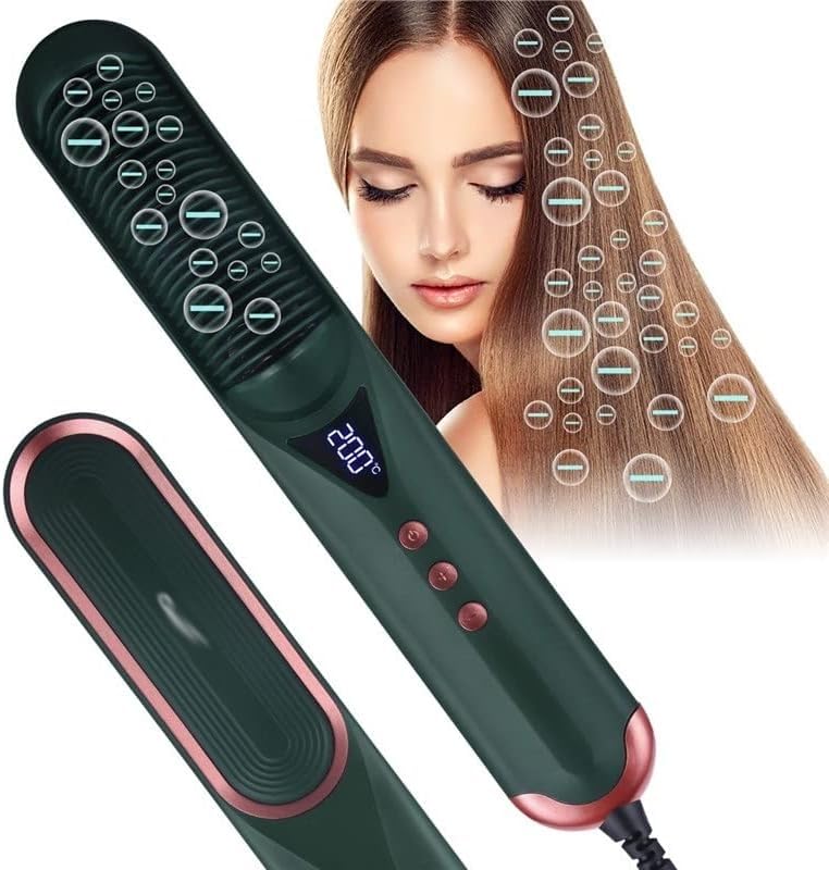 Plancha para el Cabello y Rizador Eléctrico con Cepillo Caliente, Tecnología de Iones Negativos, 7 Niveles de Temperatura, Ideal para Rizar y Alisar (Color: Verde) miniatura 3