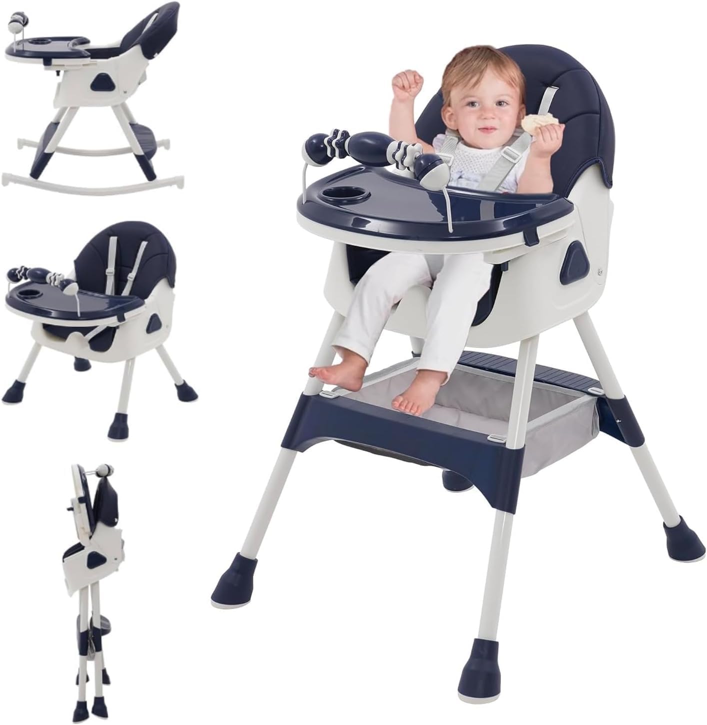 3 en 1 Chaise Haute bébé Evolutive Pliable Chaise Haute Inclinable Enfant Chaise Reglable Hauteur avec Roue Verrouillable et Double Plateau, porte-jouets, de 6+ Mois, 4 Angles Ajustables
