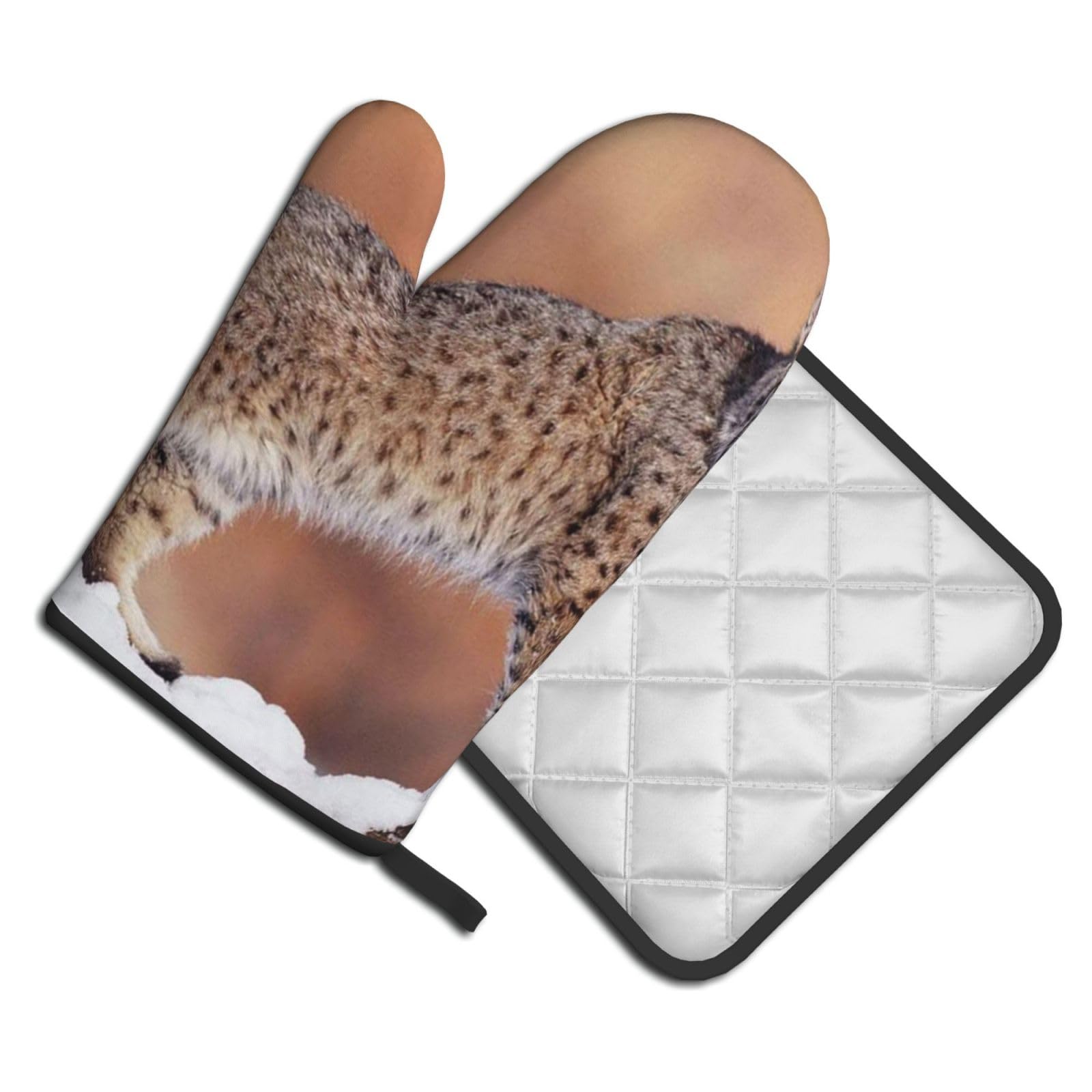Oven Mitts and Pot Holders Set of 2 Pcs, Canada Lynx Printed Heat Resistant Kitchen Gloves Potholders for Cooking Baking Grilling