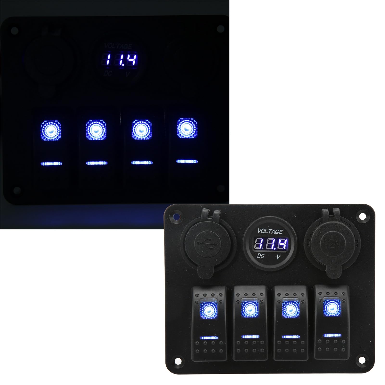 Panel de Combinación de Yate de Barco Interruptores Marinos para RV Boat Yacht Bus Panel de Basculantes de 4 Entradas con Combinación de Encendido y Apagado Toma Encendedor de Cigarrillos USB