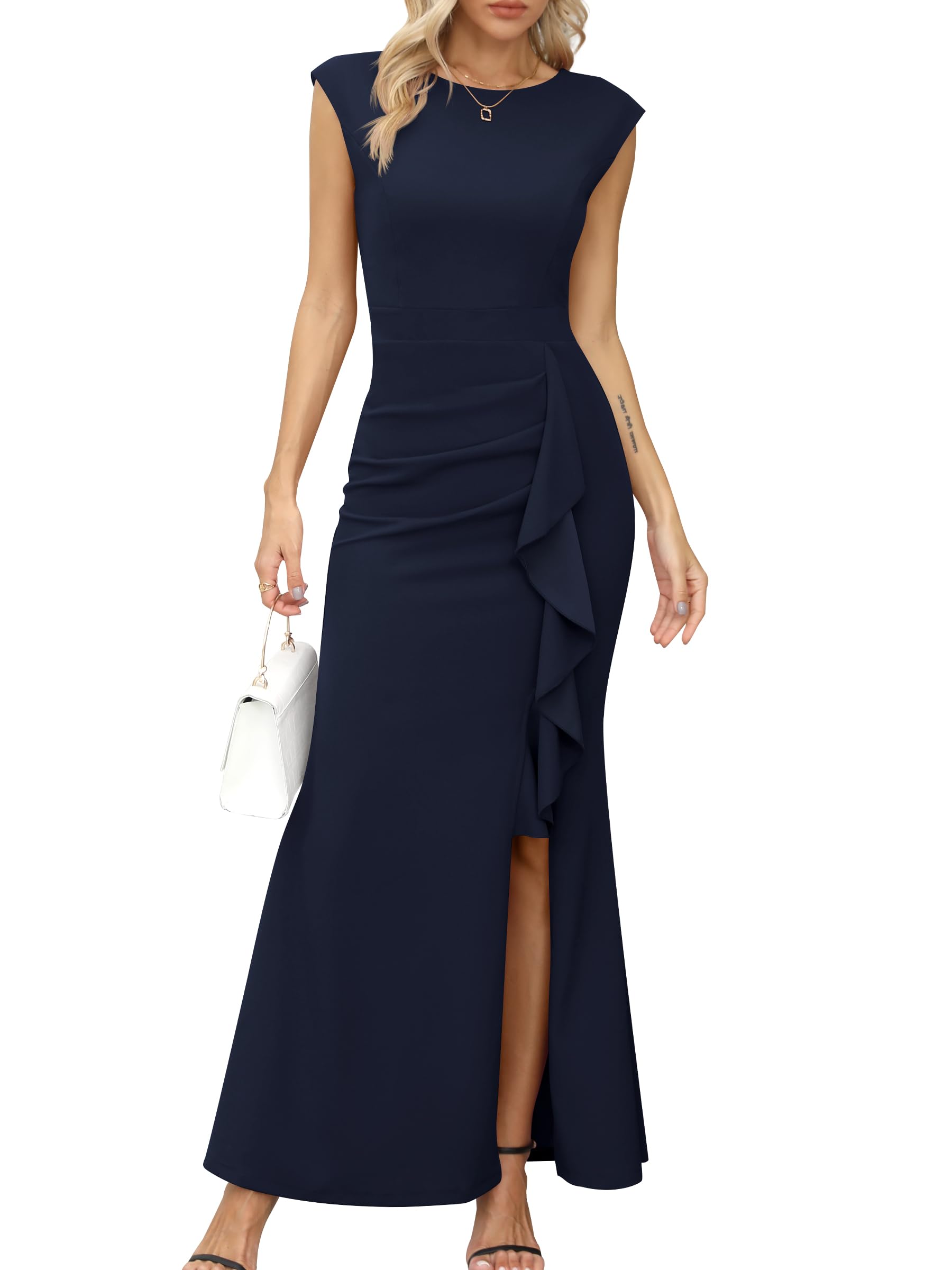 Missufe Abito da donna da ballo, maxi abito da sera, maniche ad ali, cocktail, volant, spacco a sirena, body con matrimonio