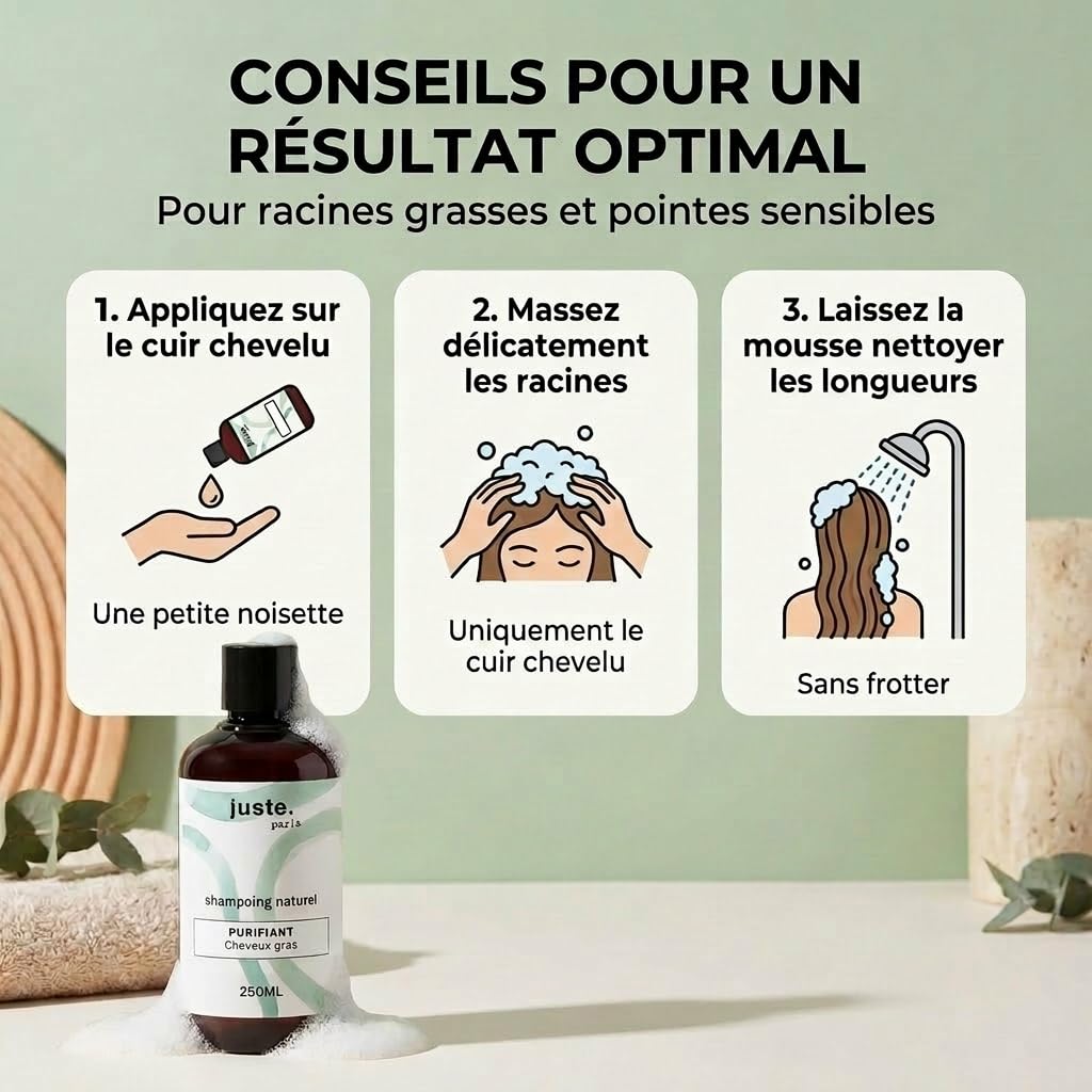 Juste Paris Routine Complète Cheveux Gras – Shampoing Purifiant + Après Shampoing Purifiant + Masque BIO – Régule le sébum, hydrate sans graisser et espace les lavages – Fabriqué en France