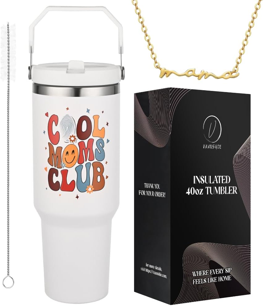 40 Oz With Handle and Straw, Mama Tumbler, Best Mom Ever Mug, Mom Birthday Present Ideal for Mother's Day Gift (Cool Moms Club – White, 40 Oz)