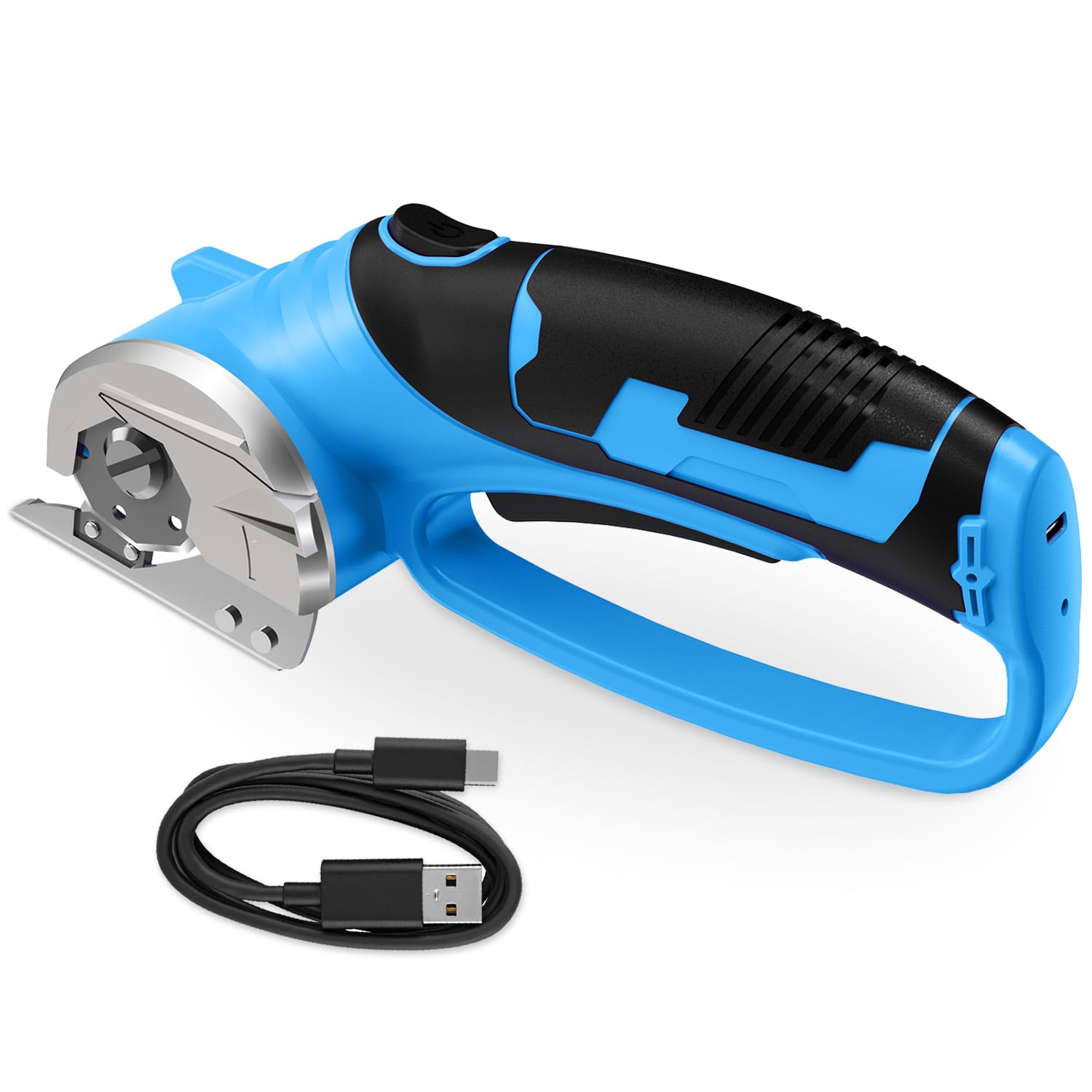 Cordless Electric Scissors, 4V Rechargeable Box Cutter &amp; Cardboard Cutter with Titanium Blade, LED Light, Safety Lock - Rotary Cutter for Fabric, Leather, Carpet, Plastic, Crafting, Sewing (Blue)
