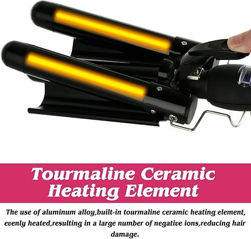Miniatura 6 de Varita rizadora de 3 barriles con pantalla LCD de temperatura, rizador profesional de cerámica de 1 pulgada (negro)