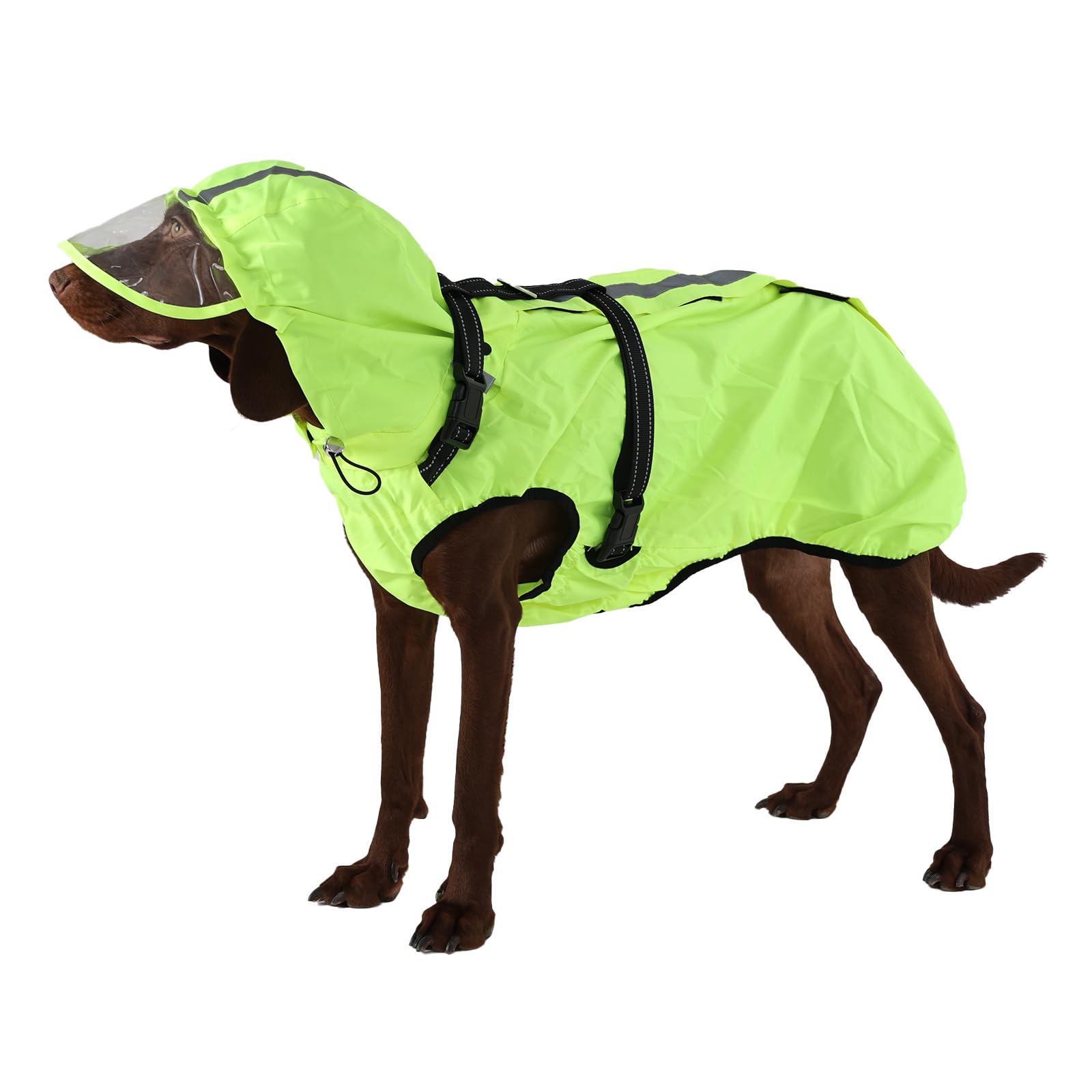 OUOBOB Hunderegenmantel wasserdicht, Regenjacke mit reflektierenden Streifen, H-Brustgeschirr (D-Ring) & Abnehmbarer Kapuze mit Visier, Ideal für mittelgroße/große Hunde [Neon Grün, Größe 2XL]