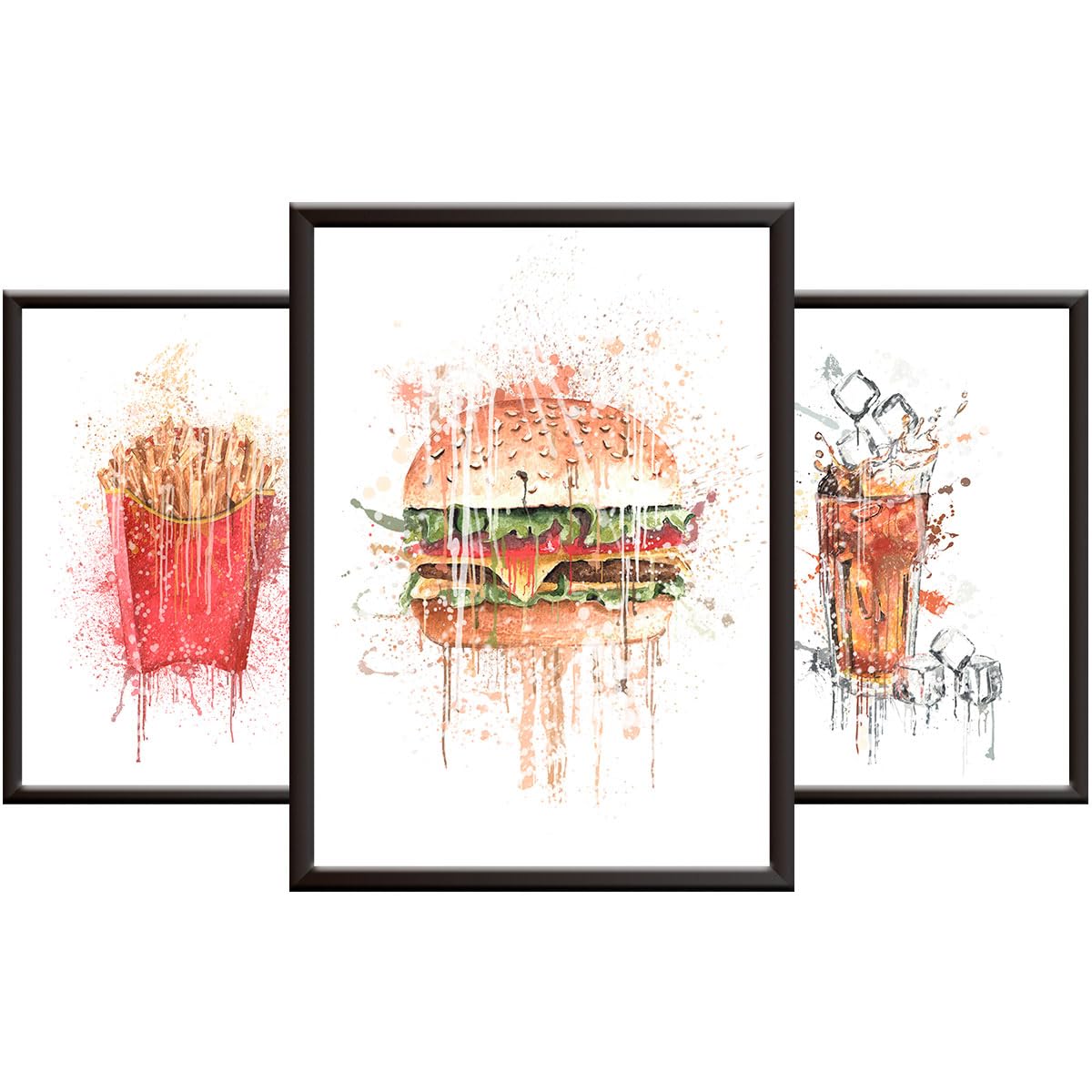 Hey Chimp Kitchen Art Wall Pictures (Set of 3 Posters) | Funky Abstract Wall Art Print Set - Fun Watercolour Fast Food Posters as Kitchen Decor - Burger Fries Cola - Unframed A4