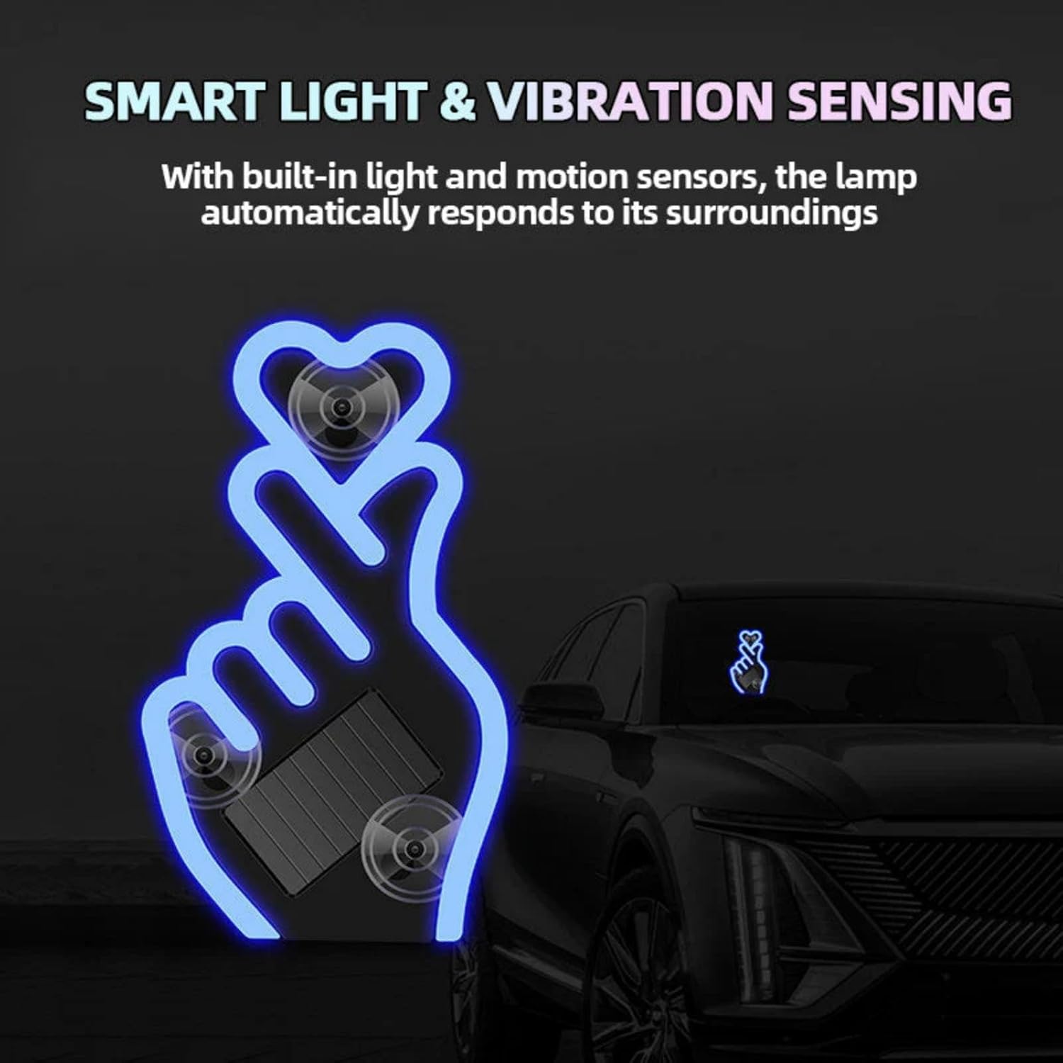 Solar-Powered Finger Heart Car Window Light, Solar Powered Wireless Led Heart Shape C-Pillar Neon Light, Wireless Suction Mount with Smart Motion Sensor, Ip65 Waterproof, for Valentine‘s Day (4PCS)