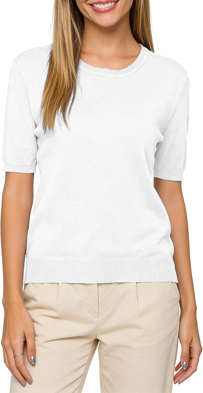 Joe Wenko Womens Short Sleeve Cotton Sweaters Casual Crew Neck Pullover Tops Basic Knit Blouse