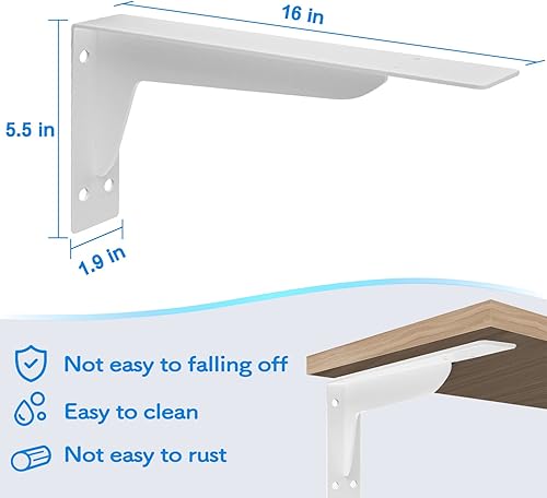 Miniatura 2 de Paquete de 2 soportes de estante industriales resistentes de 16 pulgadas, soportes de soporte de encimera en L blancos, soportes de acero para