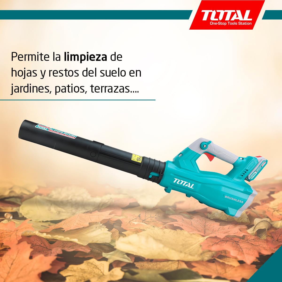 TOTAL - Soplador Brushless a Batería - 83 x 25 x 3 cm - Azul - Volumen de 8,5 m3/min - Soplador con Control de Velocidad Variable para Limpieza de Hojas