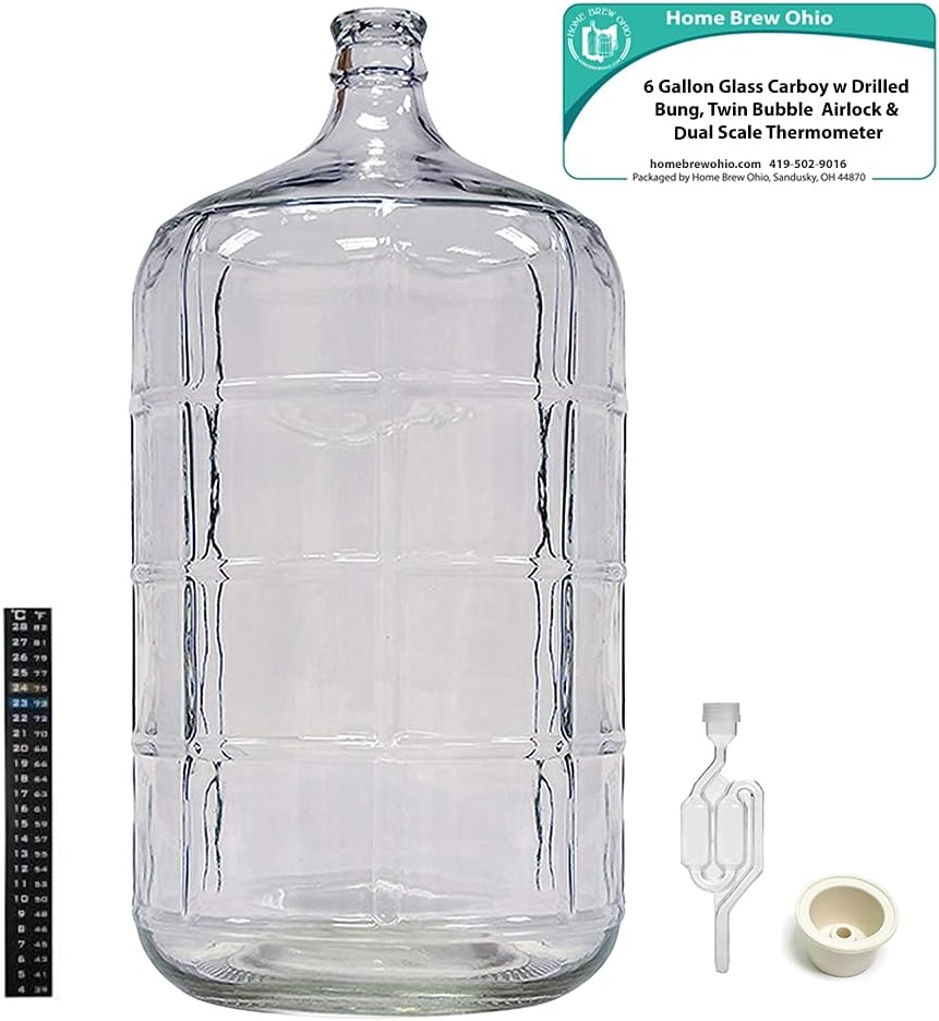 Home Brew Ohio 6 Gallon Glass Carboy with Drilled Bung, Twin Bubble Airlock and Dual Scale Thermometer