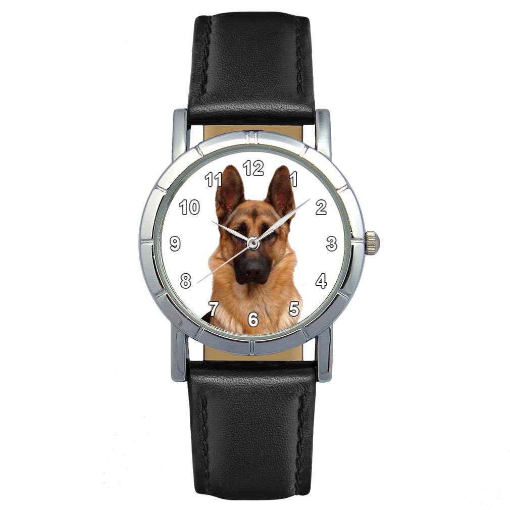 TimestGerman Shepherd - Womens Wrist Watch with Leather Strap in Black Round Analog Quartz SA1973