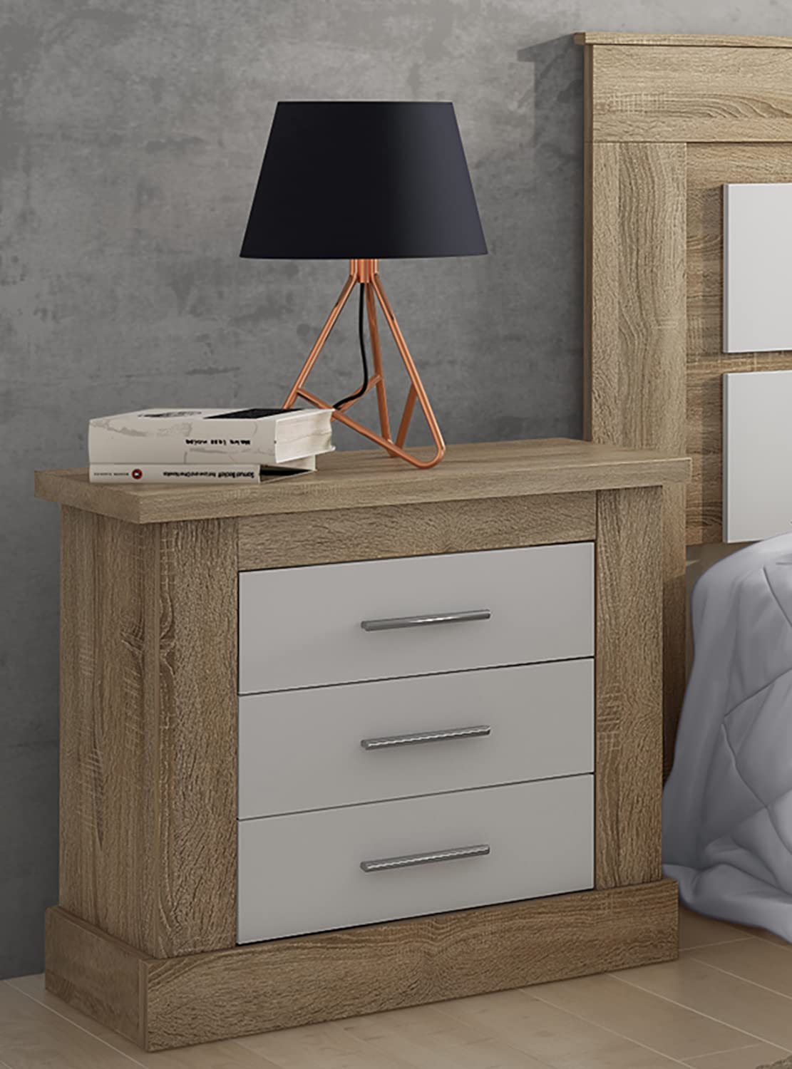 Conjunto Dormitorio, Cabecero + 2 Mesitas de Noche + Cajonera Color Roble Cambrian, Blanco