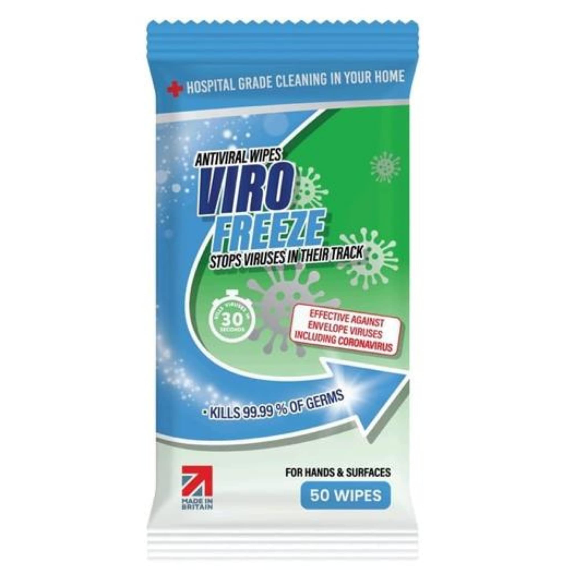 Antiviral Antibacterial Hand and Surface Wipes with Moisture Lock Seal for Hospital Grade Cleaning in Homes, Schools, Offices Workplace: 50 Packs of Protection from ViroFreeze (1 Pack, 50)