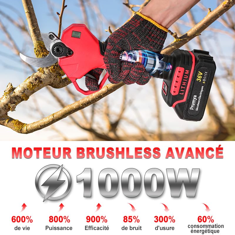 Tijeras de Podar Eléctricas, 40mm/50mm Potentes Tijeras de Podar, Tijeras de Podar con Baterías 2x7500mAh, Pantalla Digital, Tijeras de Podar 1000W con Motor Brushless, para Jardines, Huertos (50CM)