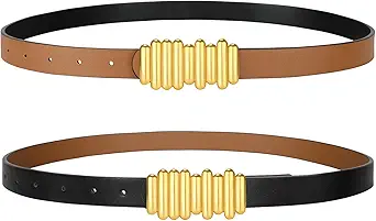 SANSTHS Fashion Women Reversible Belts for Dresses Jeans Pants, Two-in-one Skinny Belt for Women with Retro Gold Buckle, Black/Brown XXL