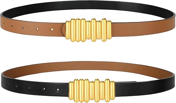 SANSTHS Fashion Women Reversible Belts for Dresses Jeans Pants, Two-in-one Skinny Belt for Women with Retro Gold Buckle, Black/Brown XXL