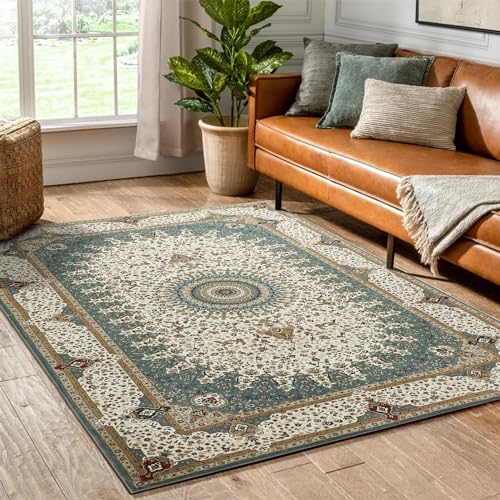 Hafaa Washable Rugs Living Room 80x150 cm – Soft Short Pile Teal Area Rugs For Bedroom Dining Room, Kitchen Carpet Non Slip Bedside Rug Traditional Floral Design Vintage Boho Cashmere Rug, Willow