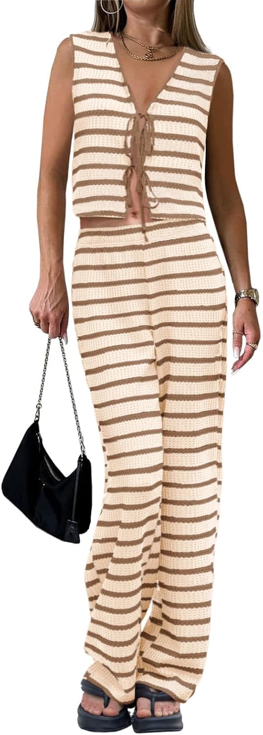 Tankaneo Womens Crochet Sets 2 Piece Outfits Tie Front Sleeveless Vest Tops Wide Leg Pants Striped Knit Y2K Matching Sets